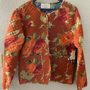 NWT Sacred Threads Women Reservable Floral Quilted Jacket Orange/Green Size Med